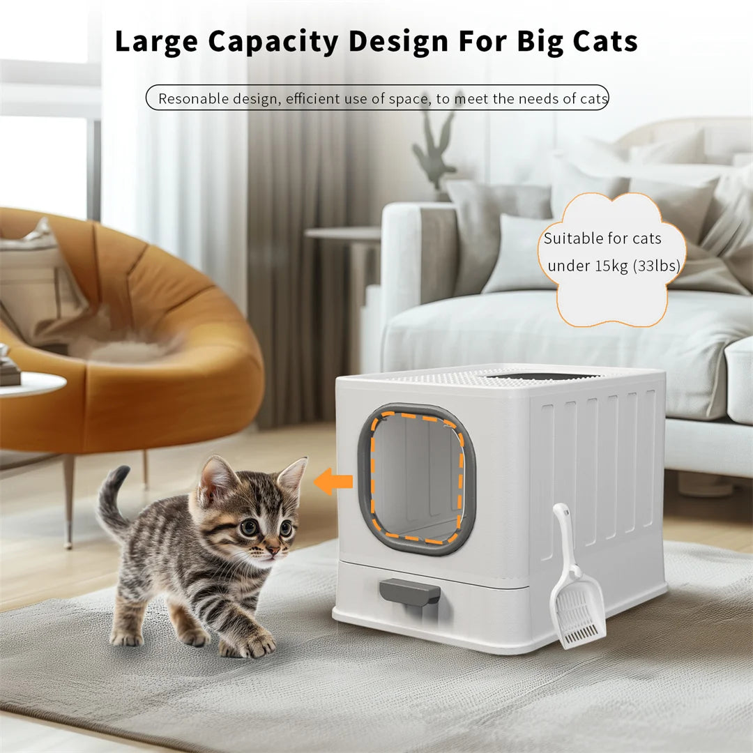 Extra Large Foldable Cat Litter Tray - Top Entry with Easy Clean Drawer and Lid - ZOOMNSTORE