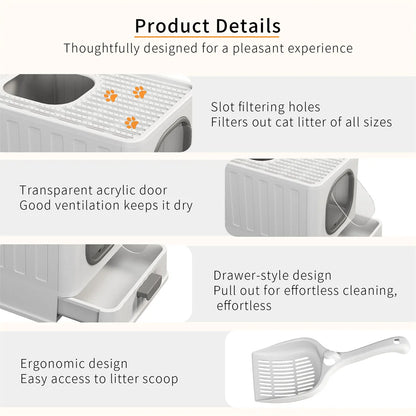 Extra Large Foldable Cat Litter Tray - Top Entry with Easy Clean Drawer and Lid - ZOOMNSTORE
