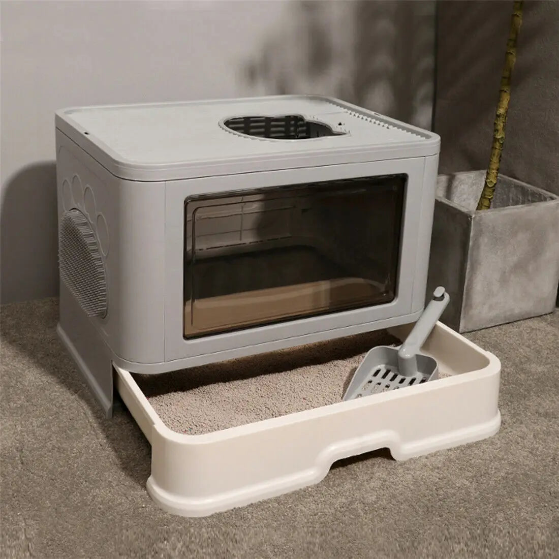 Foldable Cat Litter Box - Enclosed Front Entry  Top Exit Toilet with Massager Scoop - ZOOMNSTORE