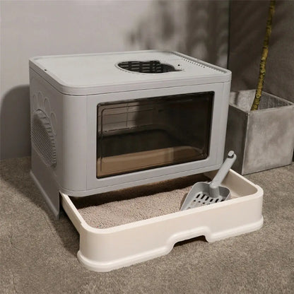 Foldable Cat Litter Box - Enclosed Front Entry  Top Exit Toilet with Massager Scoop - ZOOMNSTORE