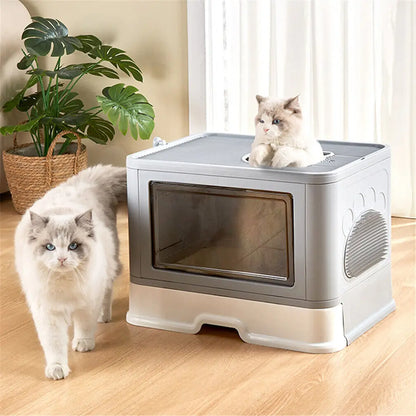 Foldable Cat Litter Box - Enclosed Front Entry  Top Exit Toilet with Massager Scoop - ZOOMNSTORE