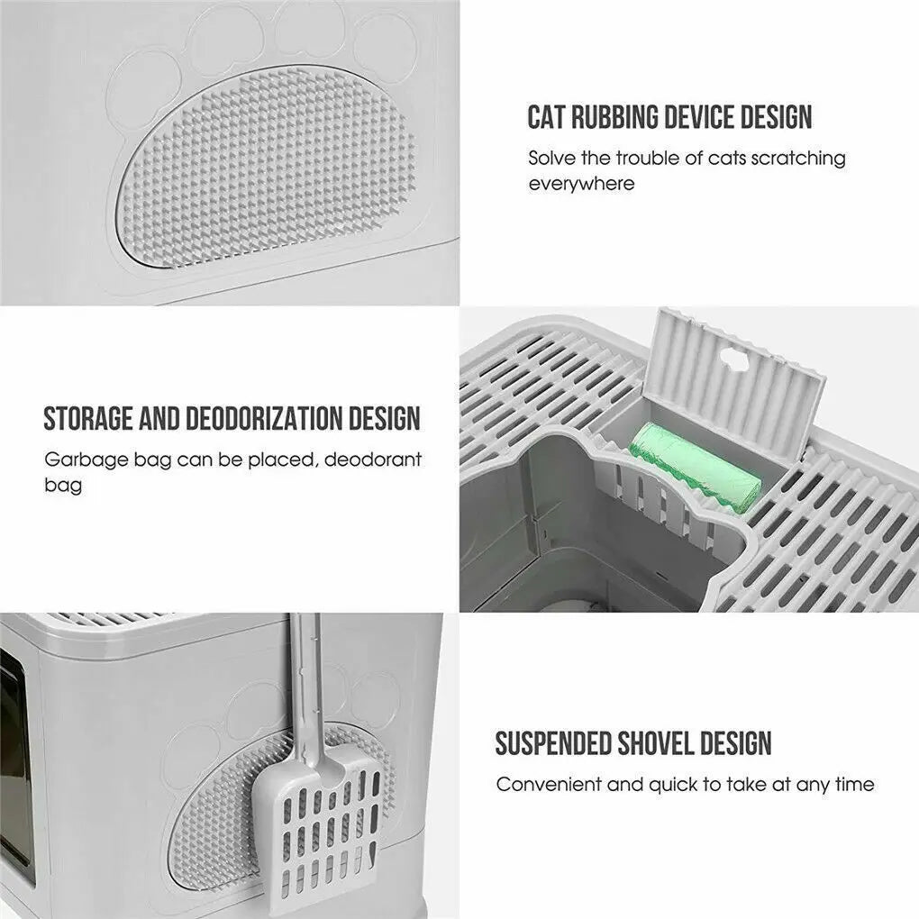 Foldable Cat Litter Box - Enclosed Front Entry  Top Exit Toilet with Massager Scoop - ZOOMNSTORE