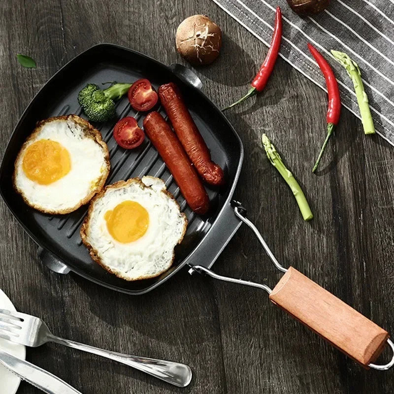 Foldable Frying Pan - Portable Grill Pan with Anti-Scald Wooden Handle for Outdoor Picnic - ZOOMNSTORE