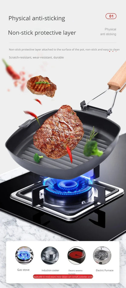 Foldable Frying Pan - Portable Grill Pan with Anti-Scald Wooden Handle for Outdoor Picnic - ZOOMNSTORE