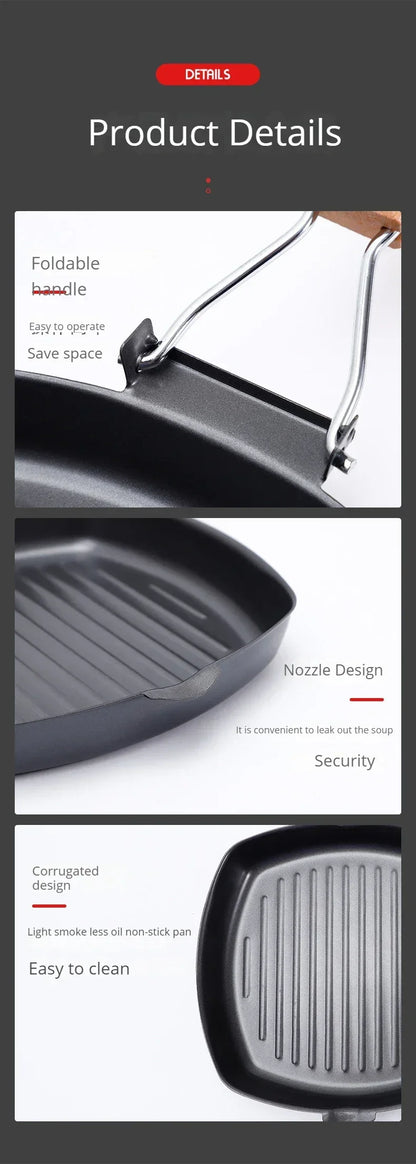 Foldable Frying Pan - Portable Grill Pan with Anti-Scald Wooden Handle for Outdoor Picnic - ZOOMNSTORE