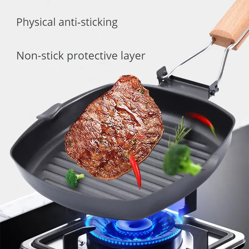 Foldable Portable Grill Pan - Outdoor Frying Pan with Wooden Handle - ZOOMNSTORE