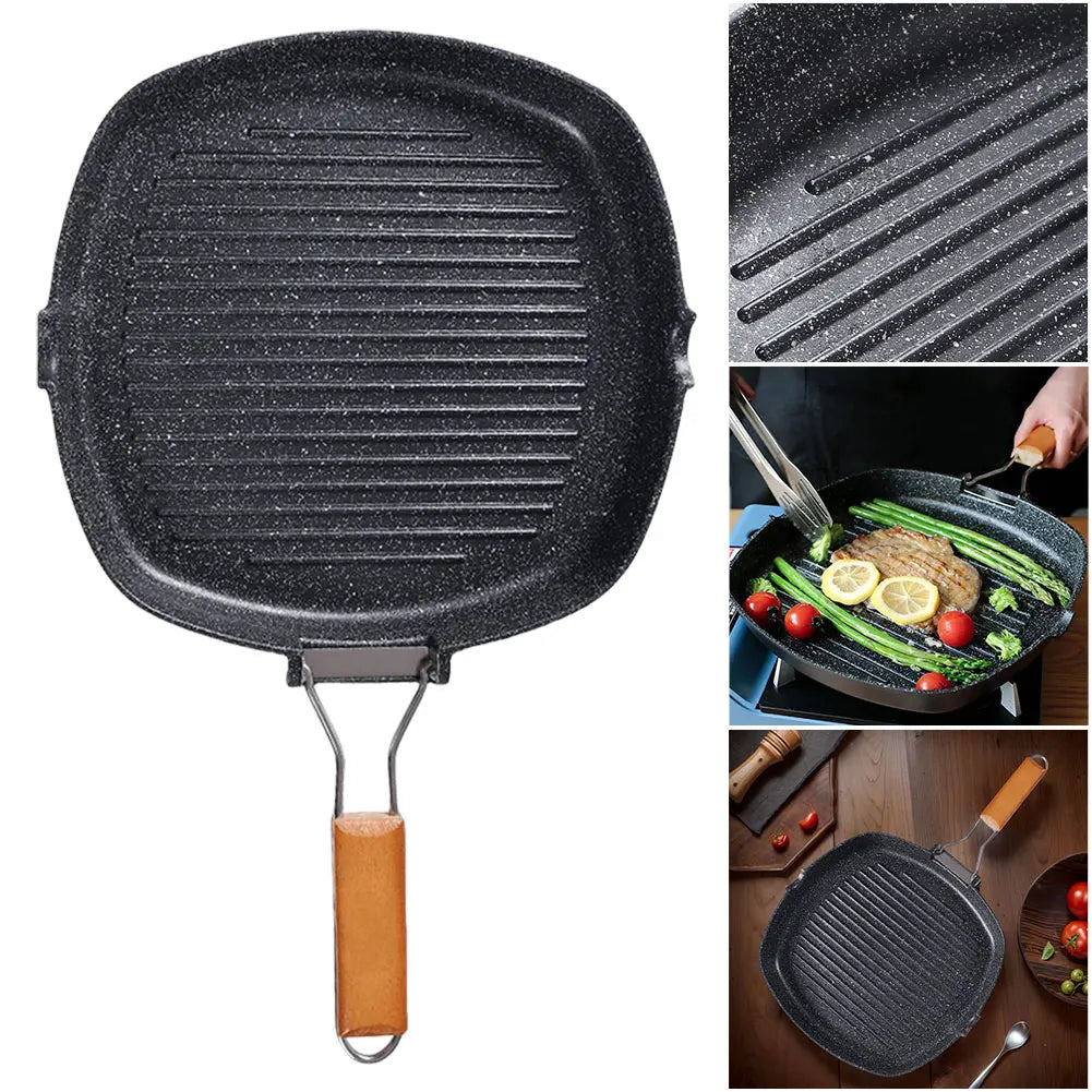 Foldable Portable Grill Pan - Outdoor Frying Pan with Wooden Handle - ZOOMNSTORE