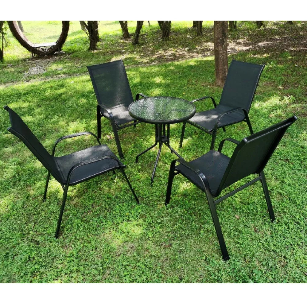Folding High Back Garden Chairs - 4PCS Steel-Iron  Teslin Fabric Outdoor Seating Set Black - ZOOMNSTORE
