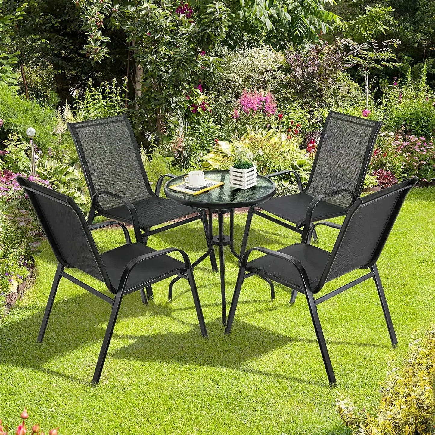 Folding High Back Garden Chairs - 4PCS Steel-Iron  Teslin Fabric Outdoor Seating Set Black - ZOOMNSTORE