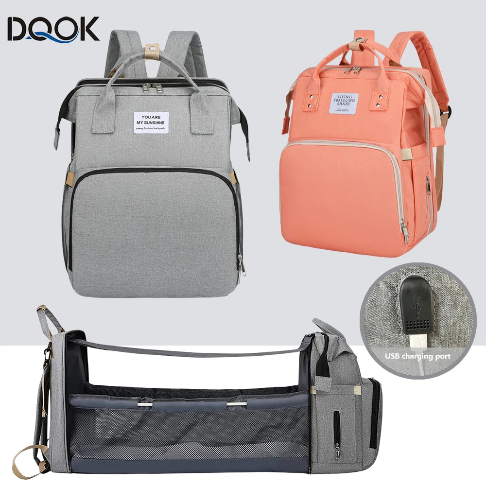 Folding Mommy Bag Lightweight Portable Folding Crib Bed Large-capacity Baby Backpack Female Mommy Outting Bag Mummy Bag - ZOOMNSTORE