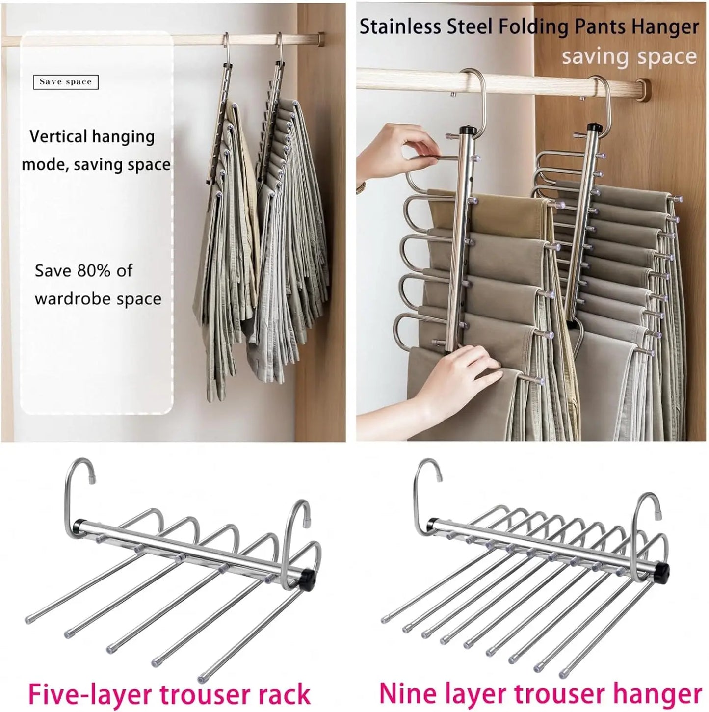 Folding Pants Hanger - Space Saving Stainless Steel Multi Layer Pants Rack | Durable Non Slip Closet Organizer - ZOOMNSTORE