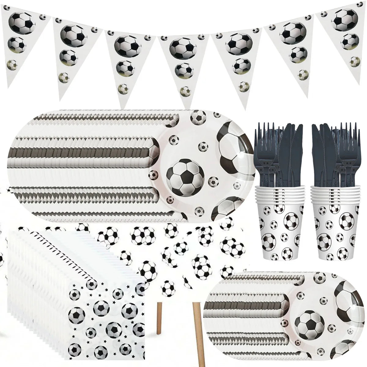White Football Birthday Party Tableware Set - Disposable Plates Napkins Cups - ZOOMNSTORE