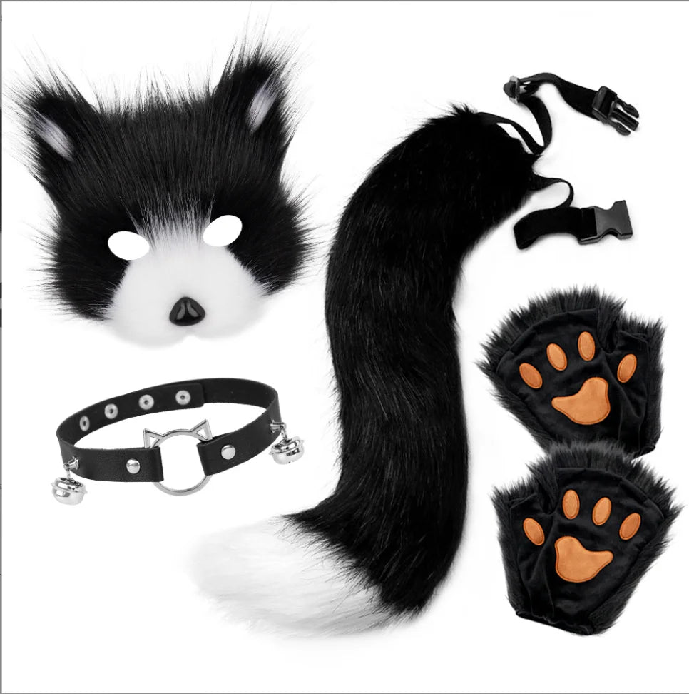 5pcs Hot Sale Fluffy Fur Fox Tail Cat Paws Gloves Wolf Mask Set Halloween Cosplay Costume Accessories Theme Party Dress Up Props - ZOOMNSTORE