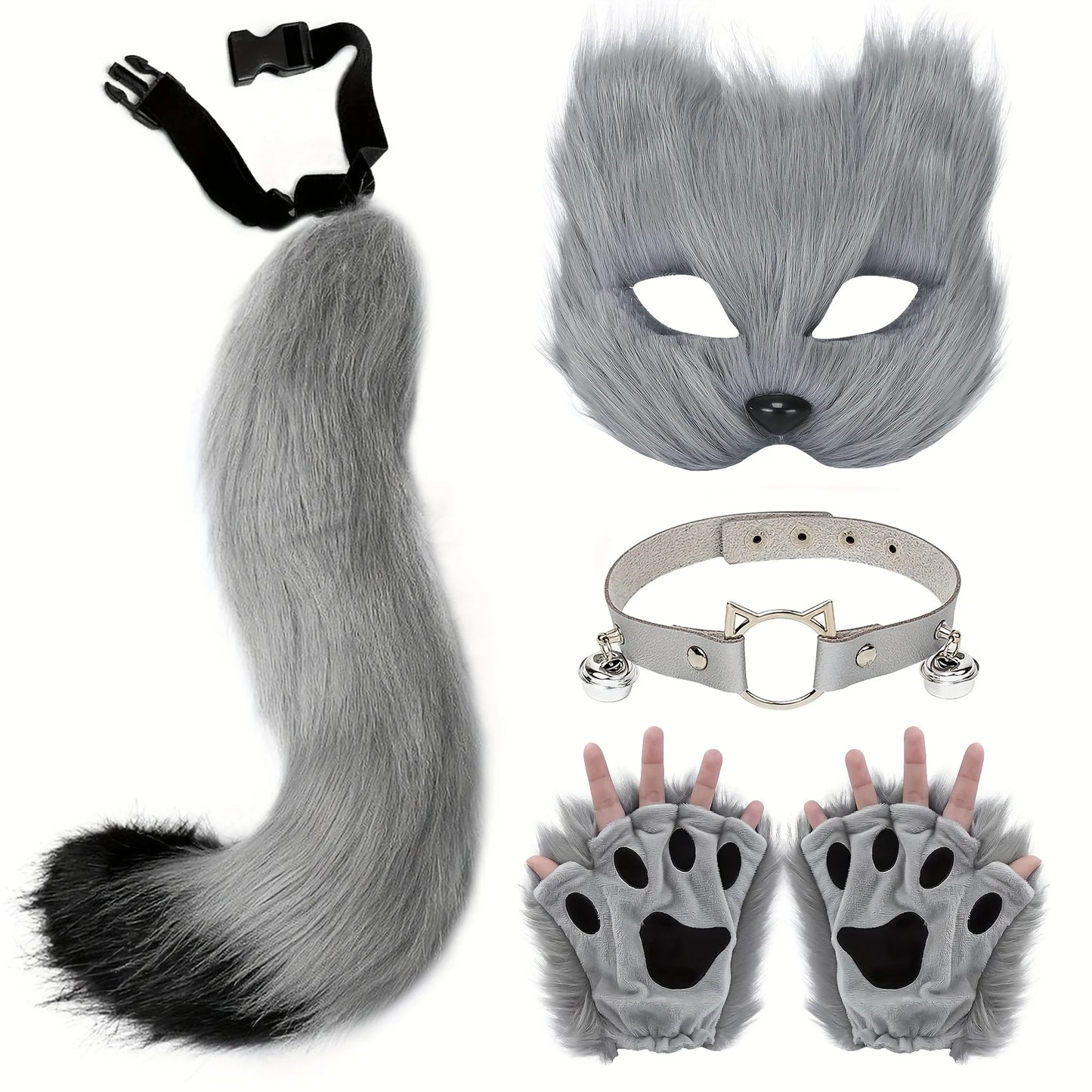 5pcs Hot Sale Fluffy Fur Fox Tail Cat Paws Gloves Wolf Mask Set Halloween Cosplay Costume Accessories Theme Party Dress Up Props - ZOOMNSTORE