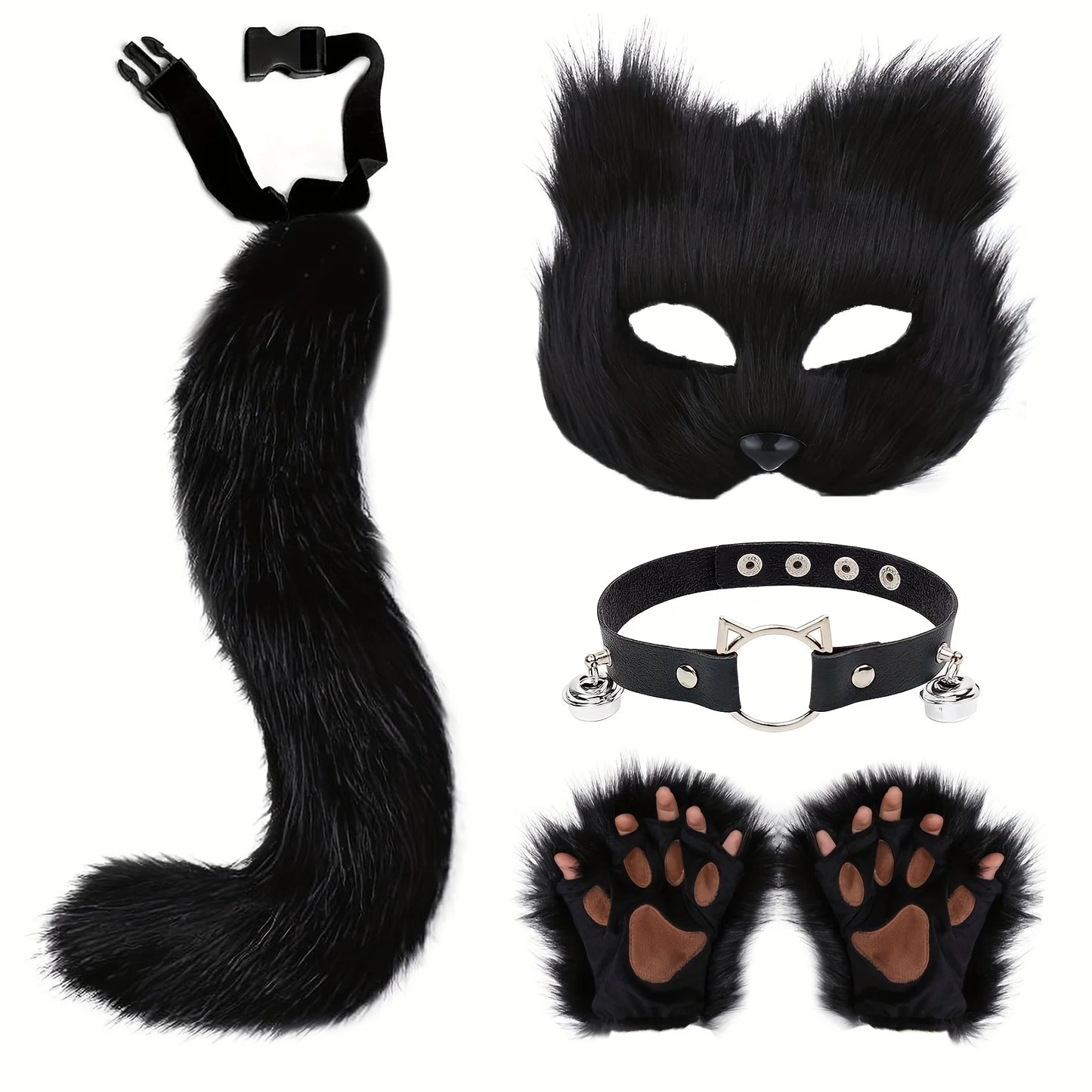 5pcs Hot Sale Fluffy Fur Fox Tail Cat Paws Gloves Wolf Mask Set Halloween Cosplay Costume Accessories Theme Party Dress Up Props - ZOOMNSTORE
