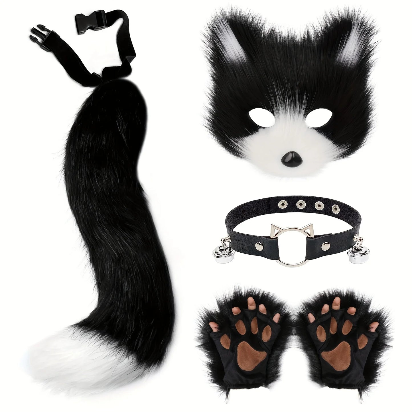 5pcs Hot Sale Fluffy Fur Fox Tail Cat Paws Gloves Wolf Mask Set Halloween Cosplay Costume Accessories Theme Party Dress Up Props - ZOOMNSTORE