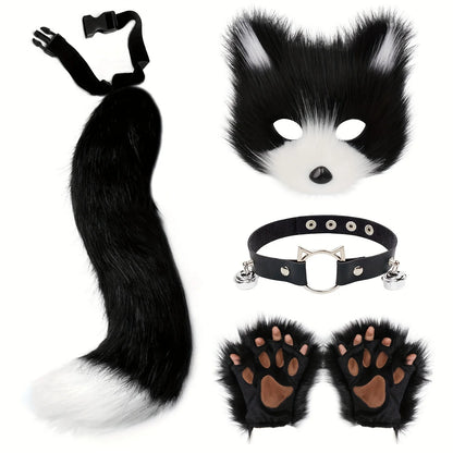 5pcs Hot Sale Fluffy Fur Fox Tail Cat Paws Gloves Wolf Mask Set Halloween Cosplay Costume Accessories Theme Party Dress Up Props - ZOOMNSTORE