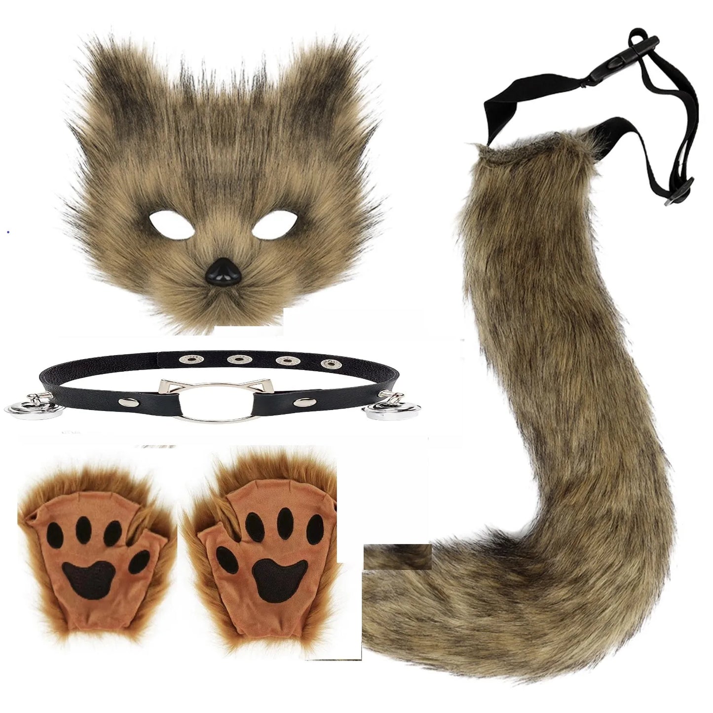 5pcs Hot Sale Fluffy Fur Fox Tail Cat Paws Gloves Wolf Mask Set Halloween Cosplay Costume Accessories Theme Party Dress Up Props - ZOOMNSTORE