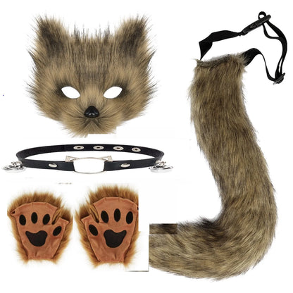 5pcs Hot Sale Fluffy Fur Fox Tail Cat Paws Gloves Wolf Mask Set Halloween Cosplay Costume Accessories Theme Party Dress Up Props - ZOOMNSTORE