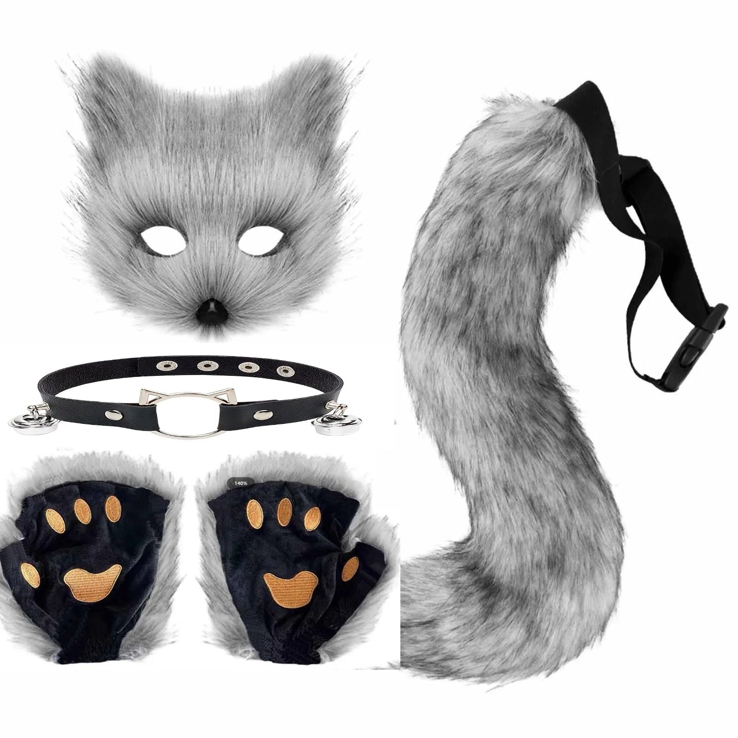5pcs Hot Sale Fluffy Fur Fox Tail Cat Paws Gloves Wolf Mask Set Halloween Cosplay Costume Accessories Theme Party Dress Up Props - ZOOMNSTORE