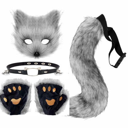 5pcs Hot Sale Fluffy Fur Fox Tail Cat Paws Gloves Wolf Mask Set Halloween Cosplay Costume Accessories Theme Party Dress Up Props - ZOOMNSTORE