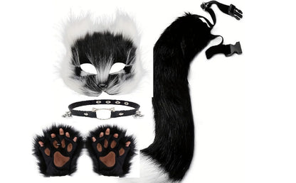 5pcs Hot Sale Fluffy Fur Fox Tail Cat Paws Gloves Wolf Mask Set Halloween Cosplay Costume Accessories Theme Party Dress Up Props - ZOOMNSTORE