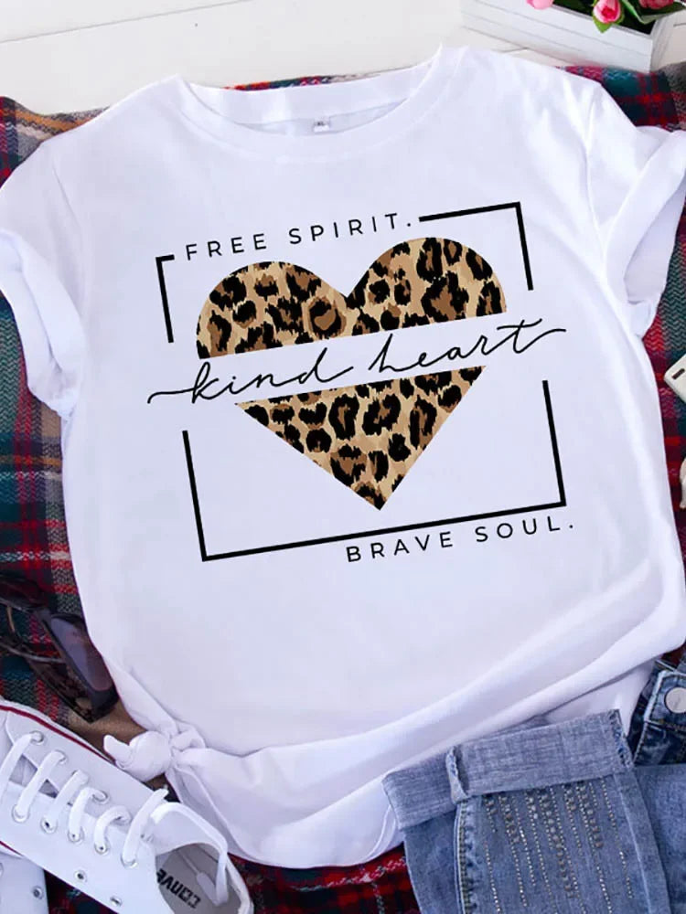 Free Spirit Leopard Love T-Shirt - Womens Short Sleeve Valentines Tee - ZOOMNSTORE