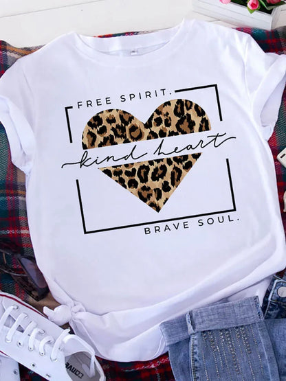 Free Spirit Leopard Love T-Shirt - Womens Short Sleeve Valentines Tee - ZOOMNSTORE