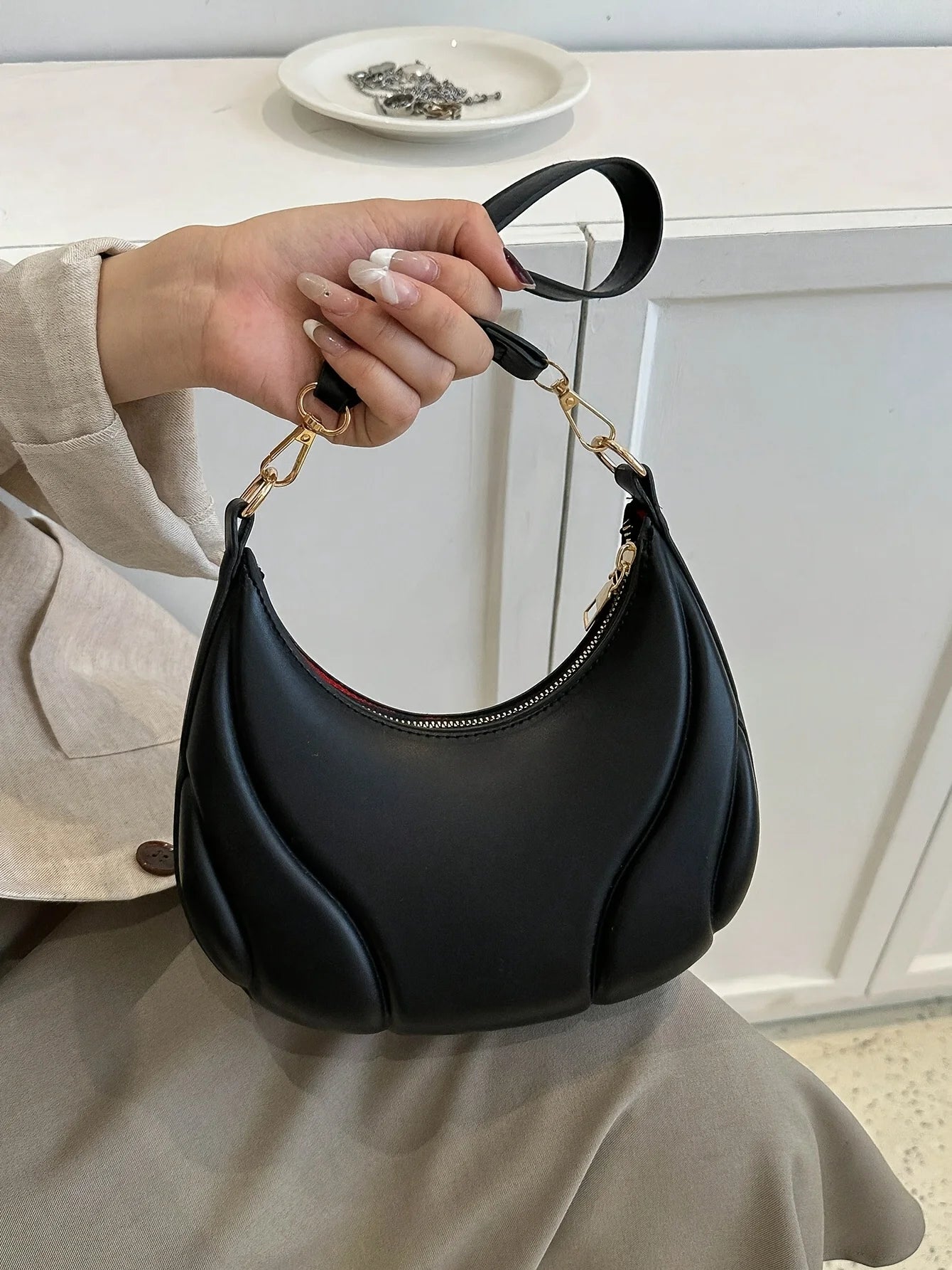 French Handbag Shoulder Bag – Women's Textured PU Leather Crossbody With Adjustable Strap - ZOOMNSTORE