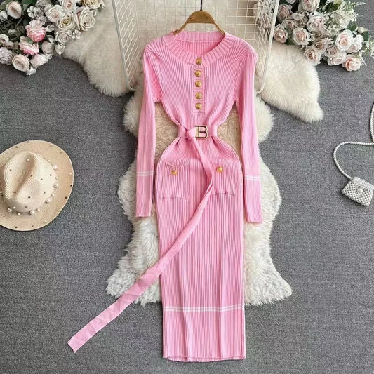 French Style Slim Fit Dress - Autumn Winter Round Collar Wrap Dress - ZOOMNSTORE