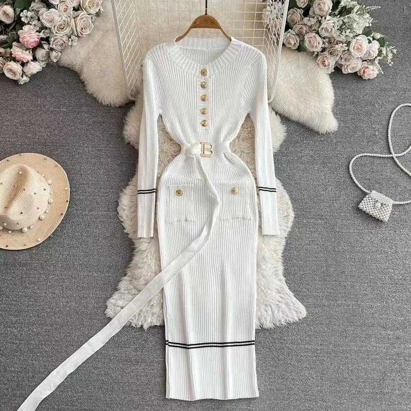 French Style Slim Fit Dress - Autumn Winter Round Collar Wrap Dress - ZOOMNSTORE