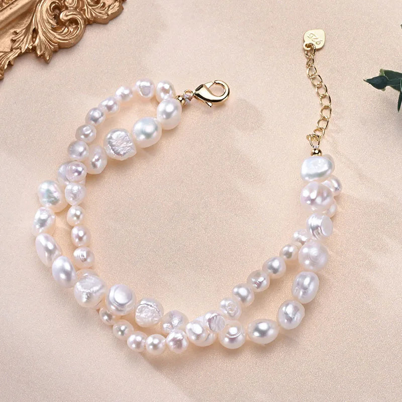 HENGSHENG Freshwater 5-6mm 8-9mm White Pearl Double Baroque Bracelet 925 Sterling Silver Fine Jewelry Gifts for Women Girls - ZOOMNSTORE