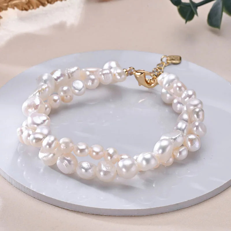 HENGSHENG Freshwater 5-6mm 8-9mm White Pearl Double Baroque Bracelet 925 Sterling Silver Fine Jewelry Gifts for Women Girls - ZOOMNSTORE
