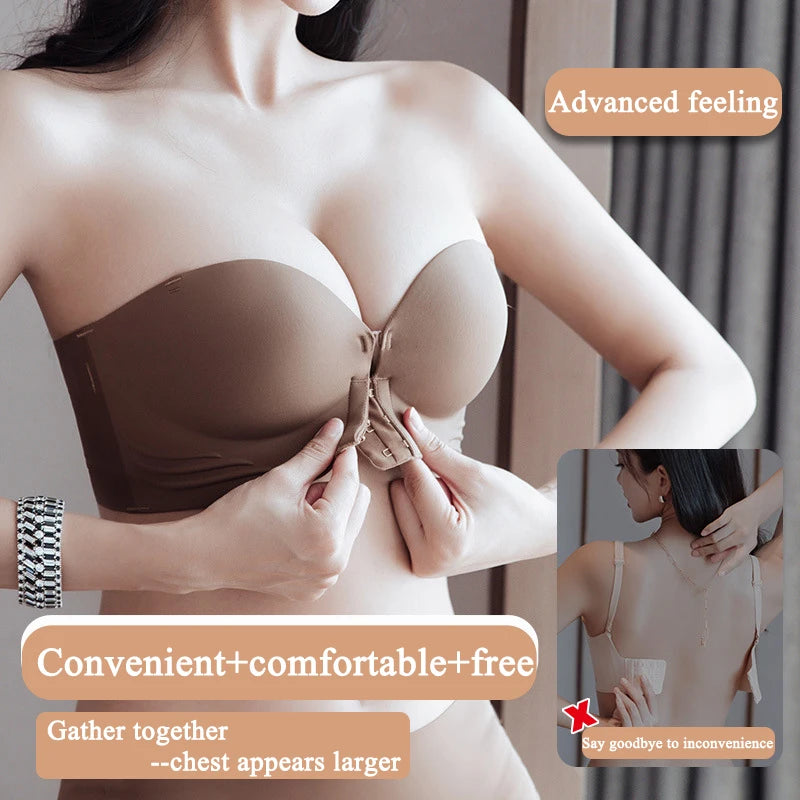 Invisible Push Up Bra - Front Closure Strapless Seamless Bralette for Women - ZOOMNSTORE