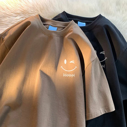 Funny Smiling Face Couple T-Shirt - Oversized Short Sleeve Pullover Top - ZOOMNSTORE