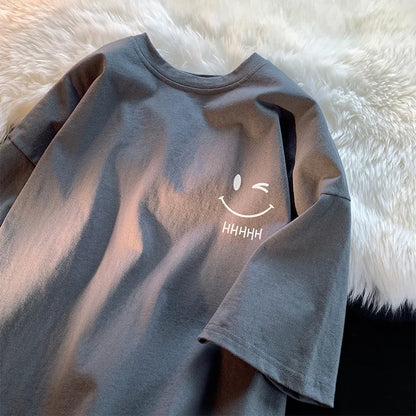 Funny Smiling Face Couple T-Shirt - Oversized Short Sleeve Pullover Top - ZOOMNSTORE