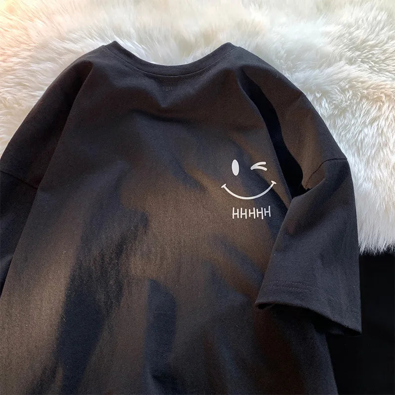 Funny Smiling Face Couple T-Shirt - Oversized Short Sleeve Pullover Top - ZOOMNSTORE