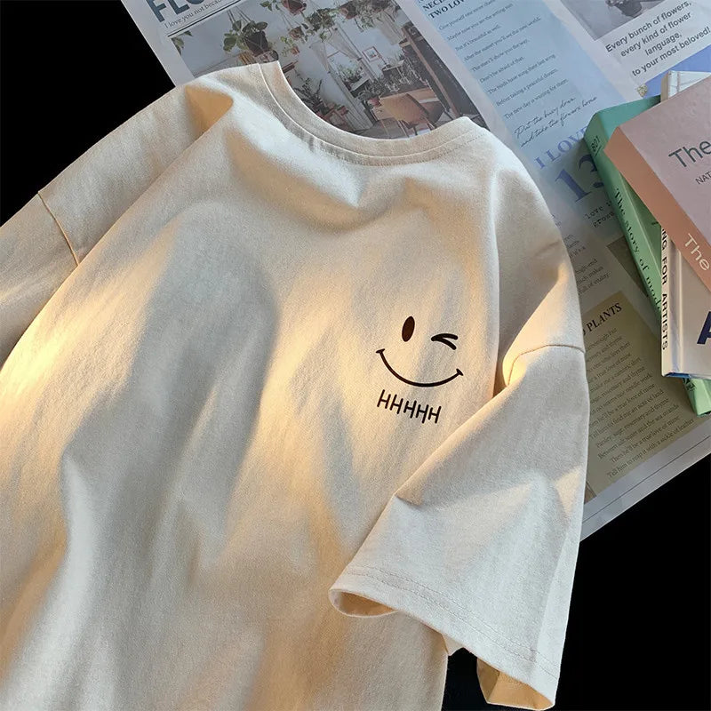 Funny Smiling Face Couple T-Shirt - Oversized Short Sleeve Pullover Top - ZOOMNSTORE