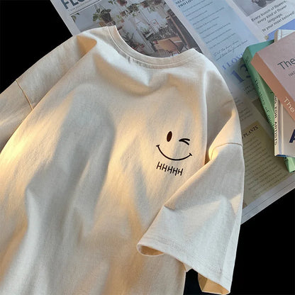 Funny Smiling Face Couple T-Shirt - Oversized Short Sleeve Pullover Top - ZOOMNSTORE