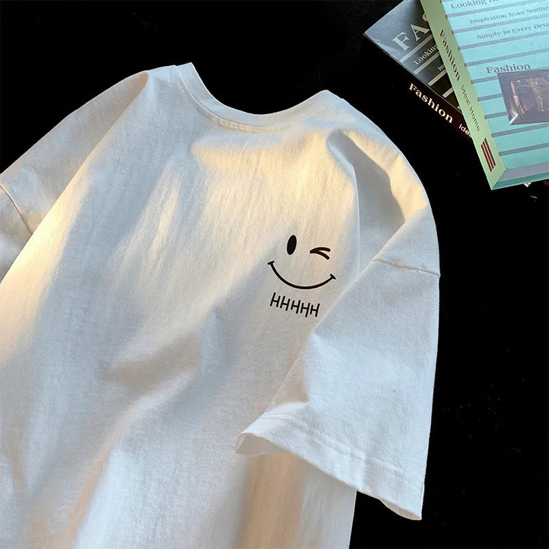 Funny Smiling Face Couple T-Shirt - Oversized Short Sleeve Pullover Top - ZOOMNSTORE