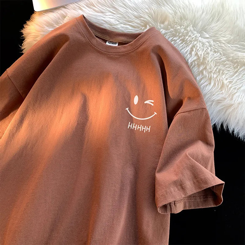 Funny Smiling Face Couple T-Shirt - Oversized Short Sleeve Pullover Top - ZOOMNSTORE