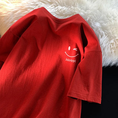 Funny Smiling Face Couple T-Shirt - Oversized Short Sleeve Pullover Top - ZOOMNSTORE