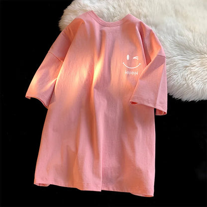 Funny Smiling Face Couple T-Shirt - Oversized Short Sleeve Pullover Top - ZOOMNSTORE