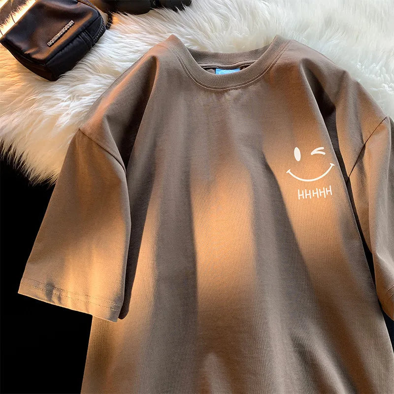 Funny Smiling Face Couple T-Shirt - Oversized Short Sleeve Pullover Top - ZOOMNSTORE