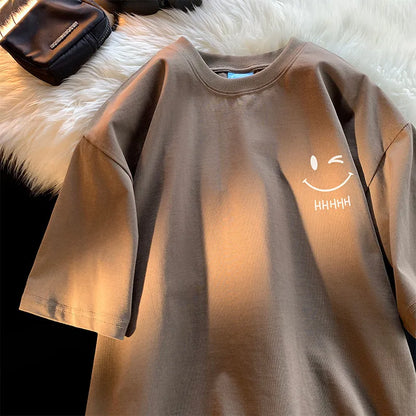 Funny Smiling Face Couple T-Shirt - Oversized Short Sleeve Pullover Top - ZOOMNSTORE