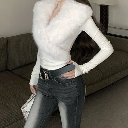 Fur Collar Long Sleeve Tee - Women's Slim Fit Winter Top With Cross Fur Design - ZOOMNSTORE
