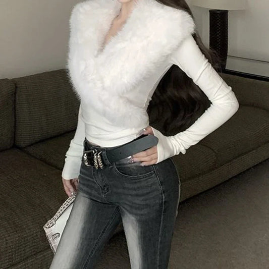 Fur Collar Long Sleeve Tee - Women's Slim Fit Winter Top With Cross Fur Design - ZOOMNSTORE