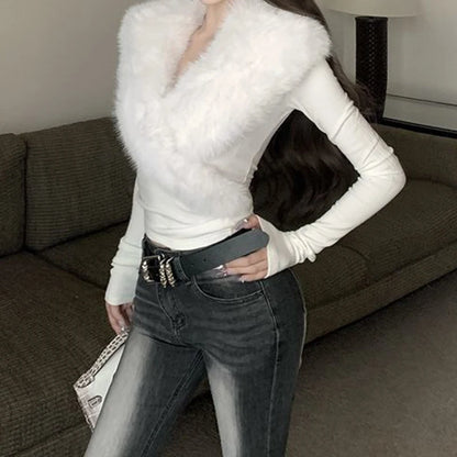 Fur Collar Long Sleeve Tee - Women's Slim Fit Winter Top With Cross Fur Design - ZOOMNSTORE