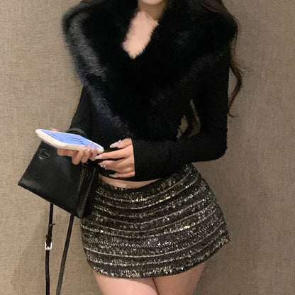 Fur Collar Long Sleeve Tee - Women's Slim Fit Winter Top With Cross Fur Design - ZOOMNSTORE