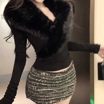 Fur Collar Long Sleeve Tee - Women's Slim Fit Winter Top With Cross Fur Design - ZOOMNSTORE